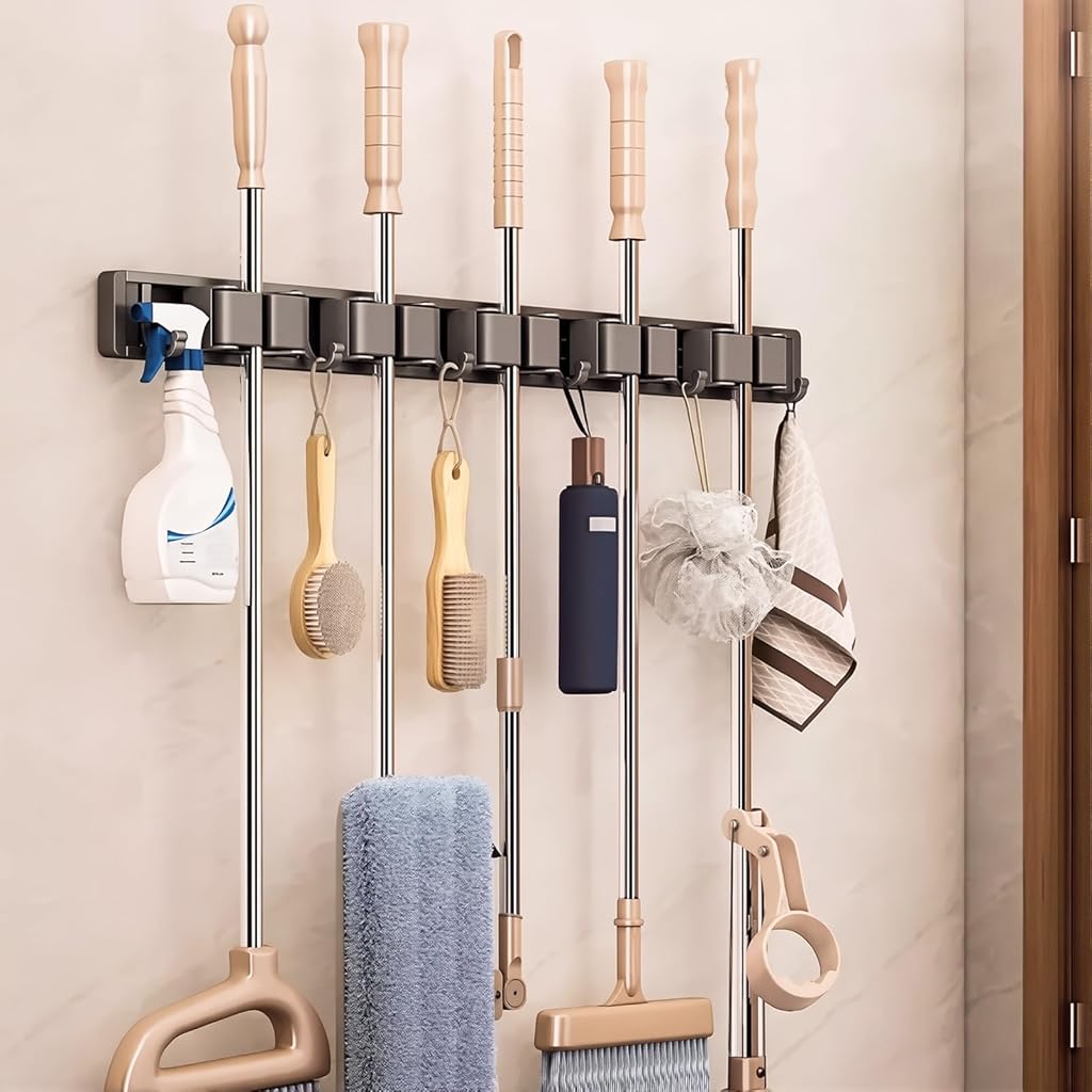 HASTHIP® Aluminum Wall Mop Holder, No Drill Push-in Mop Holder Organizer with 6 Hooks, Space Saving Cleaning Tool Organizer for Bathroom Garage HASTHIP® Aluminum Wall Mop Holder, No Drill Push-in Mop Holder Organizer with 6 Hooks, Space Saving Cleaning Tool Organizer for Bathroom Garage